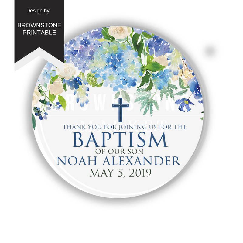Blue Floral Baptism Sticker - Baptism Labels