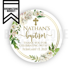 Floral Baptism Sticker - Baptism Labels Gold White