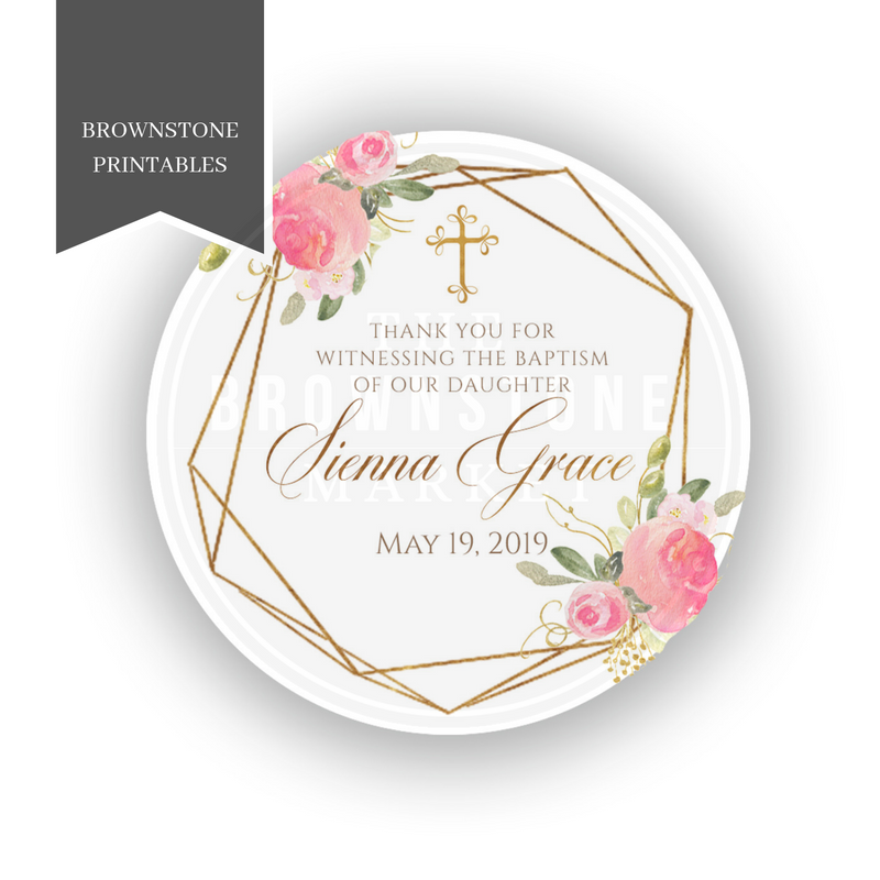 Gold Floral Baptism Sticker - Baptism Labels Floral