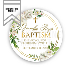 White Rose Thank You Baptism Sticker - Baptism Labels